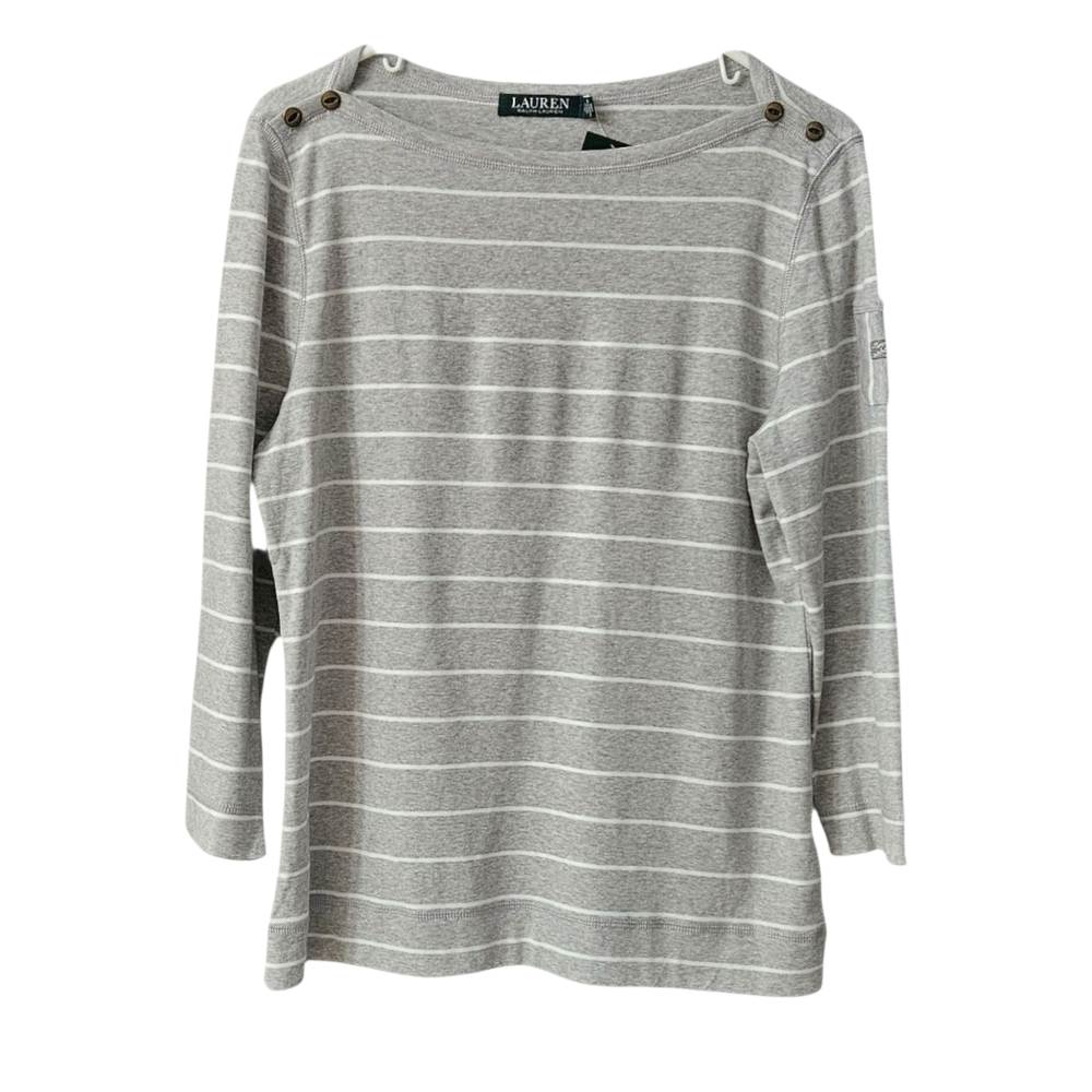 Lauren Ralph Lauren Women's Top NEW Stripes Size XL Gray White 3/4 Sleeve Cotton